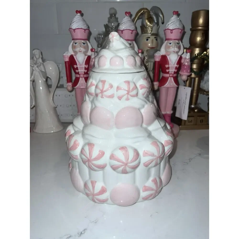 PEPPERMINT & PINE Meringue Frosting Canister Cookie Jar Pink Sugar Christmas